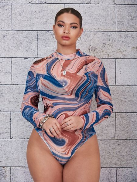 

plus marble print stand neck bodysuit i5qg#, Black