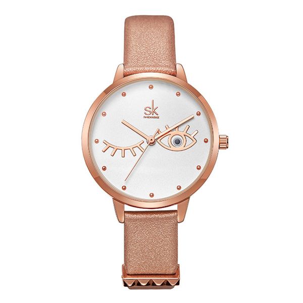 

shengke female fashion quartz watch leather strap pin buckle creative modeling analog dial face quartz movement for women, Slivery;brown