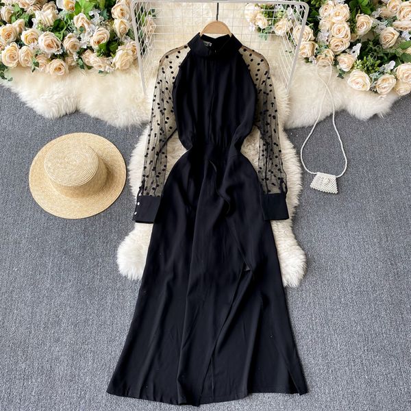 

2021 new elegant fashionable fashion woman's long splice mesh dot puff neck the autumn line streetwear dress ir9j, Black;gray