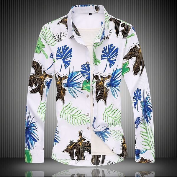 

2021 new autumn spring flower clothes chinese male shirt long sleeves blouse size 6xl 7xl print beach for man t77b, White;black