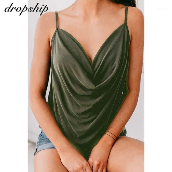 

dropship solid low-cut bandage camisole 2020 summer v neck slim streetwear pleated sling sleeveless camis tank, White