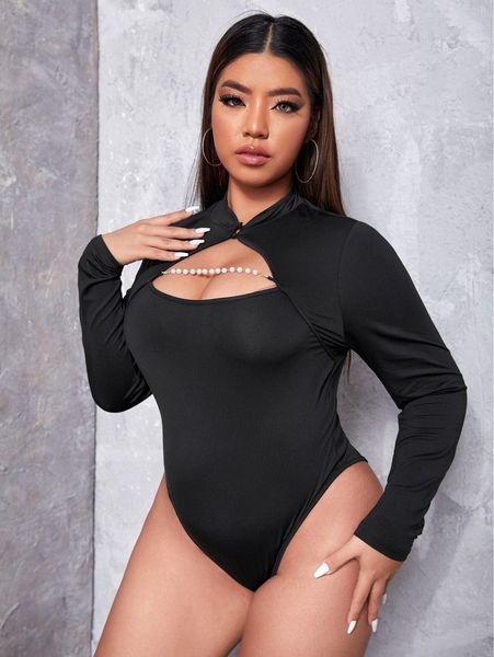 

plus pearls chain detail mandarin collar bodysuit v5jw#, Black