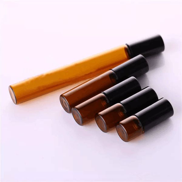 

100pcs/lot 1ml 2ml 3ml 5ml 10ml 12ml thin glass perfume roll on bottle amber essential oil bottle with metal / glass ball 201012