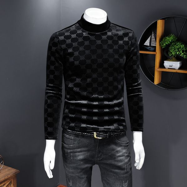 

2020 autumn and winter high collar plus velvet thick long-sleeved t-shirt men's gold velvet warm letter jacquard bottoming shirt tide, White;black