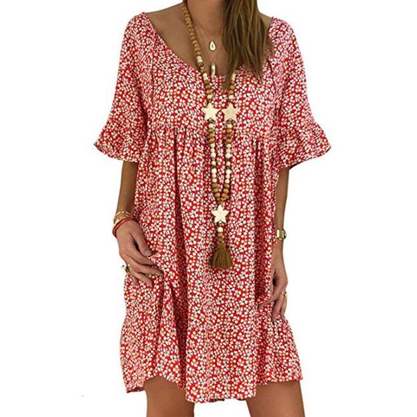 

dress 2021 summer mini sundress casual loose o neck short sleeve with ruffle boho floral print femme plus size 26, Black;gray