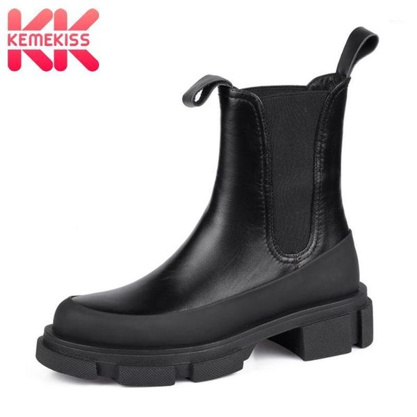 

kemekiss new fashion real leather women boots round toe thick bottom shoes slip on shoes solid color ladies footwear size 34-391, Black
