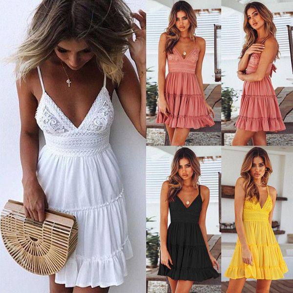 

casual dresses summer dress women strappy lace white mini female ladies beach v neck party sundress, Black;gray