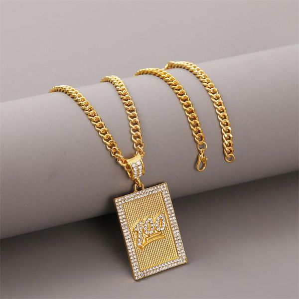 

fashion rhinestone big square 100 points pendant necklaces men hip hop jewelry gold color long chain statement necklace gifts, Silver