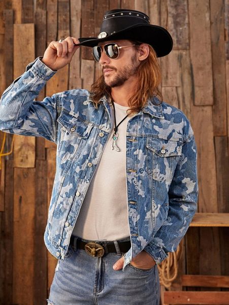 

men camo print button front denim jacket a2ce#, Blue