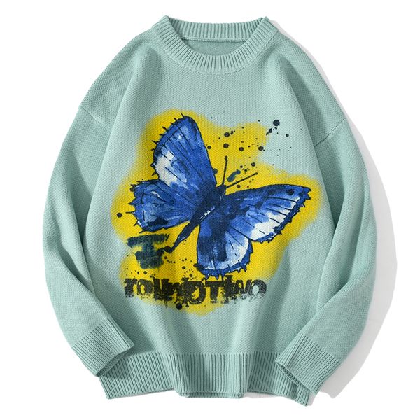 

2021 new hip hop streetwear mens knitted autumn graffiti butterfly harajuku sweater oversize cotton loose pullovers men clothing s76y, Black;white