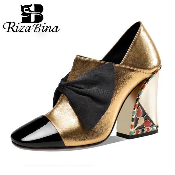 

dress shoes rizabina real leather women pumps wedges patchwork bowknot pattern mixed color casual work footwear size 33-43, Black