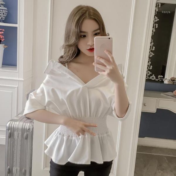

2020 summer blouse shirt women slash neck bat sleeve elastic waist frill ruffles white strap off shoulder blouses aq4791