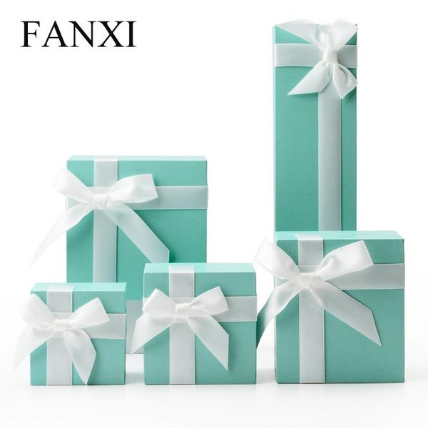 

fanxi leatherette paper jewelry case with white silk ribbon and velvet insert for jewellery packing boxes, Pink;blue