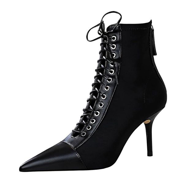 

boots meriahzheng fashion high heel lace-up cutout cross strap pointed pedicure slim women's ankle ds-8788-3, Black