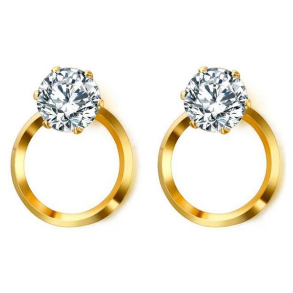 

stud elegant & charming wedding gold-color stainless steel clear cz crystal round circle earrings for women fashion jewelry, Golden;silver