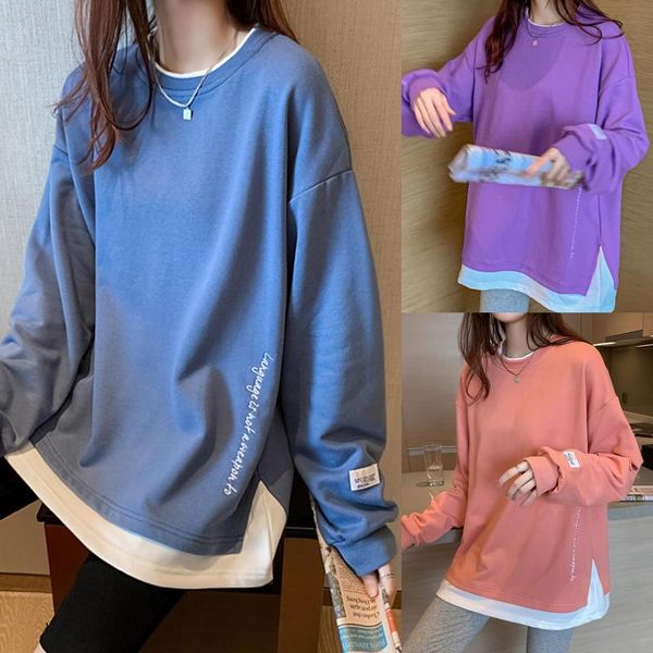

women's t-shirt women long sleeve o neck fake two piece thin sweatshirt loose leisure blouse pullover, White