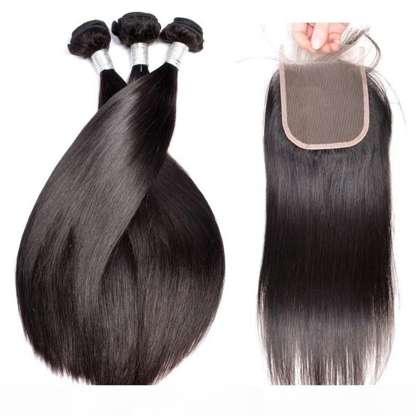 

9a 100 unprocessed human hair weaves with closure silk straight brazilian peruvian remy hair bundles with closure, Black