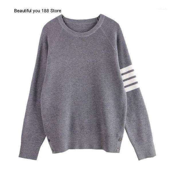 

autumn 2020 new loose round neck four bar knitted waffle stripe loose and versatile sweater for women1, White