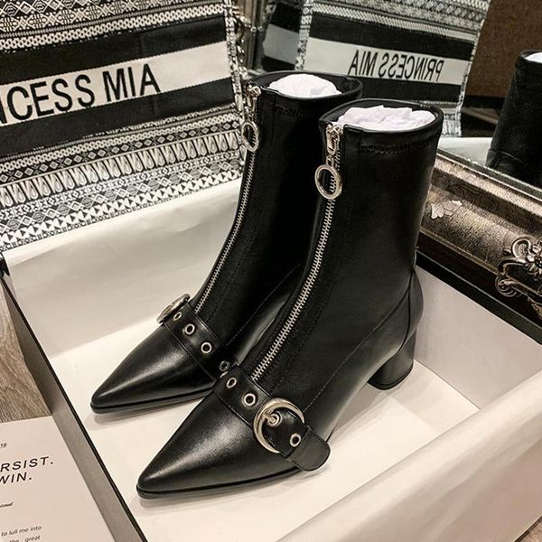 

2020 new autumn and winter martin boots leather front zipper pointed thick with short boots women's belt buckle ladies, Black