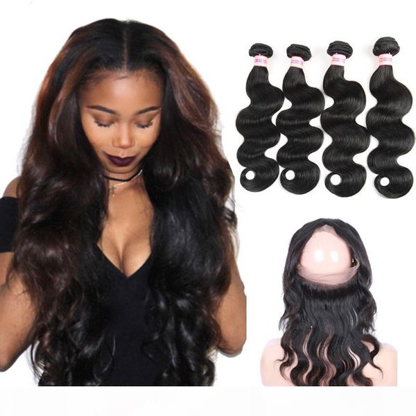

360 lace frontal peruvian indian malaysian brazilian virgin human body wave hair weaves 360 frontal with bundles, Black