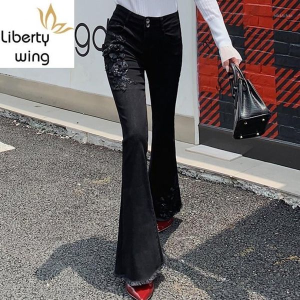 

fashion black embroidered flare jeans women autumn winter slim fit vintage bell-bottomed pants high wait tassel denim trousers1, Blue