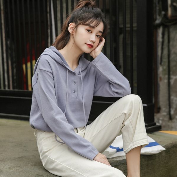 

new autumn 2020 korean version t-shirt pullover of simple solid color drawstring hooded pullover for women's loose fitting women's, White;black