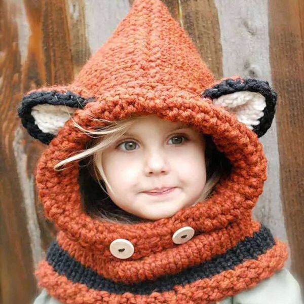 

fox shawl autumn and winter collar wool knitted baby hat, Red;brown