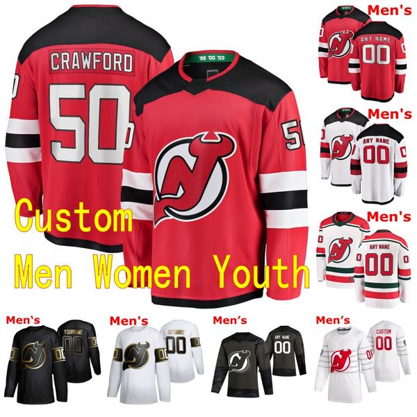 

2020 2021 new jersey devils hockey jersey 18 alexander holtz 19 dawson mercer 27 shakir mukhamadullin 50 corey crawford custom stitched, Black;red