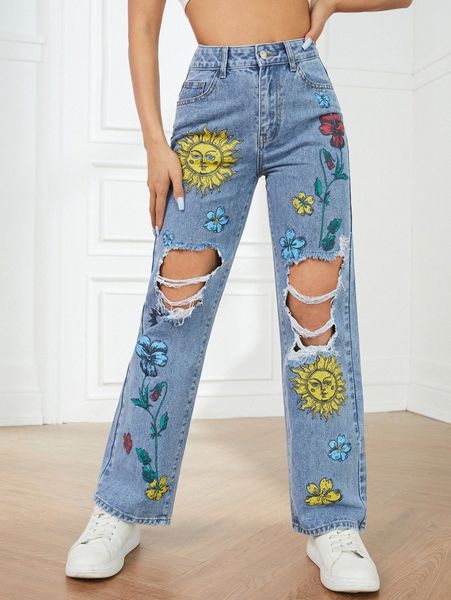 

petite floral & sun print ripped straight jeans j6vd#, Blue