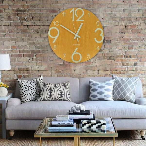 

wall clocks luminous clock 12 inch wooden silent non-ticking living room quartz with night lights for indoor home decoration