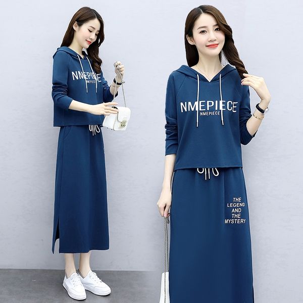 

ханчжоу 2020 осень новых женщин моды случайные два кусок письма юбка свитер skirthooded свитер юбка набор bie3w, Gray