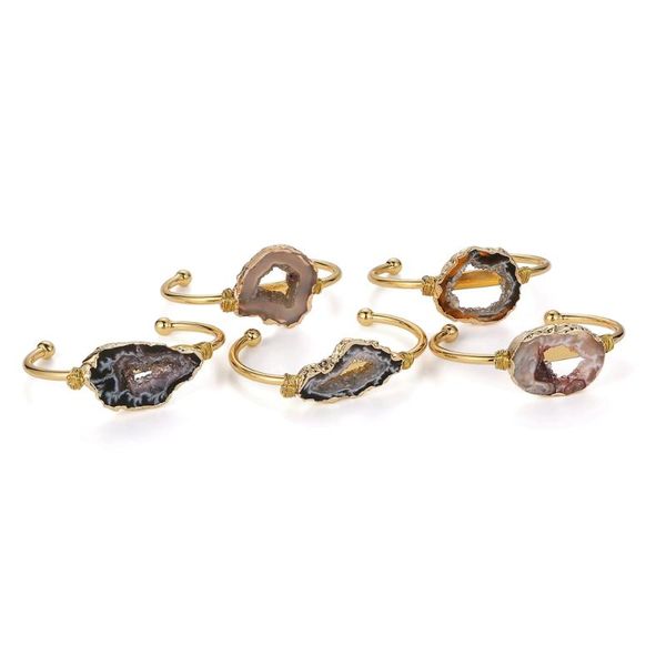 

shinygem natural stone striped agate bracelet irregular gemstone women retro jewelry crystal quartz cuff copper bracelet gift, Black