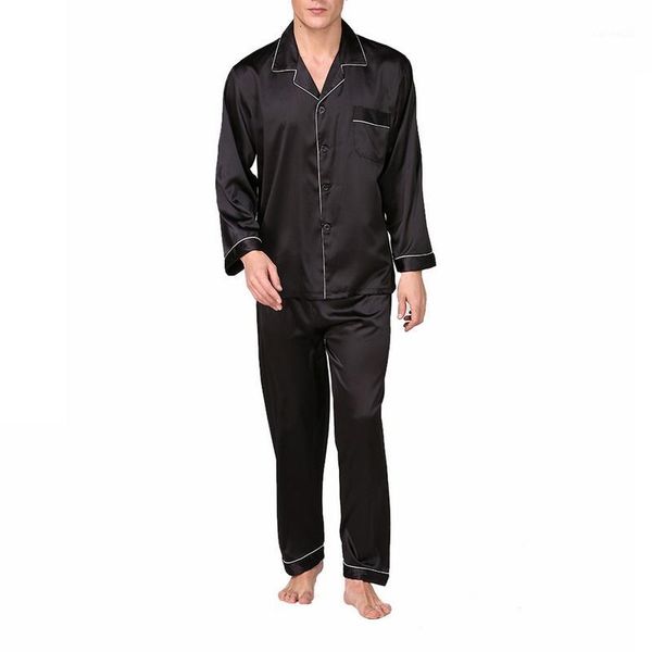 

puimentiua mens classic pajama sets men's silk solid color long sleeve large size home service sleepwear men nightgown1, Black;brown