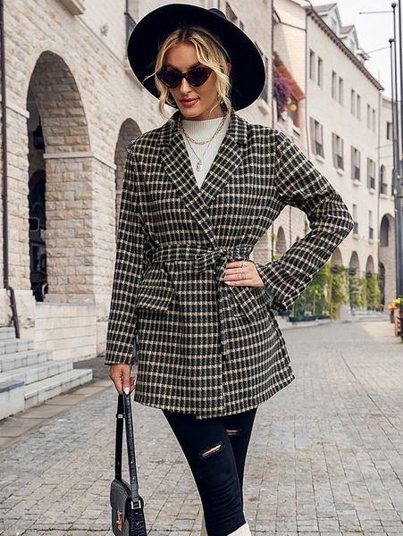 

plaid print lapel neck belted blazer 6352#, White;black