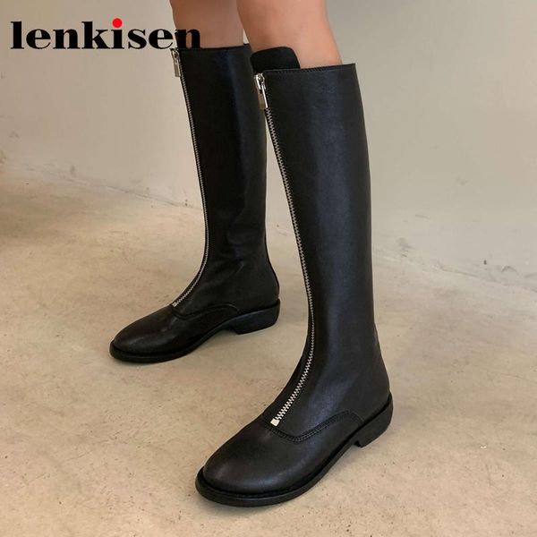 

boots lenkisen korean street cow leather round toe med heel winter shoes pretty girls dating charming knee-high l37, Black