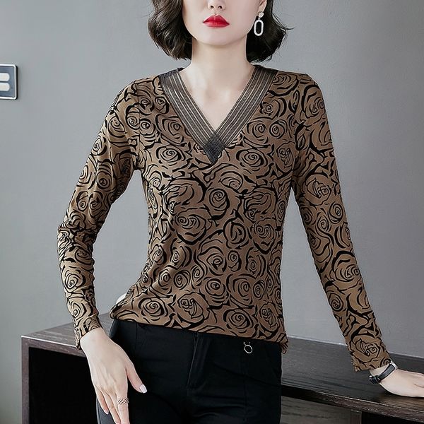 

fdowv printed base women's fall 2020 new coat long sleeve slim stretch mesh t-shirt v-neck t-shirt coat npymz, White