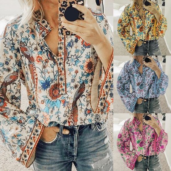 

women lace up print boho blouse vintage lantern long sleeve blouse shirt chic v neck button, White