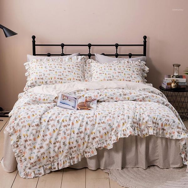 

pure cotton pastoral style animal children cartoon ruffles skirt-style bedding set ropa de cama couvre lit duvet cover set1