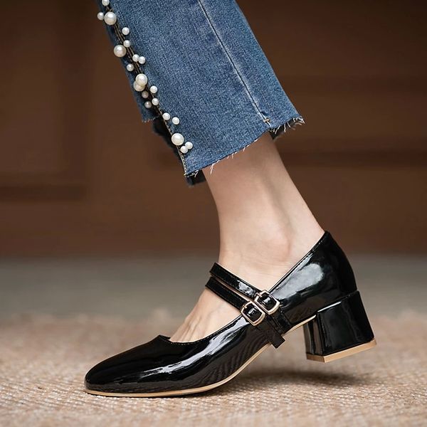 

women dress shoes square toe mary janes shoes double buckle mid heels pumps office ladies shoe zapatos mujer spring autumn 8827n #dv9o, Black