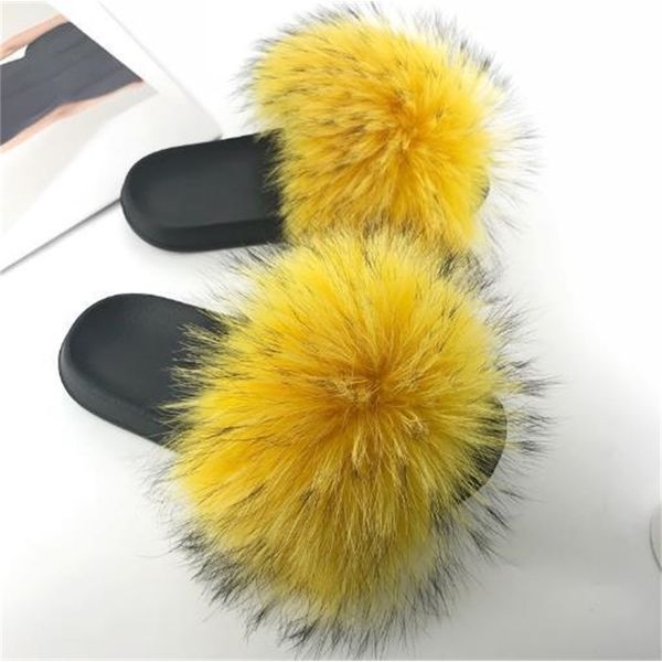 

new fashion real fox hair flip flops summer beach sandals slides slip on shoes furry slippers y200405, Black