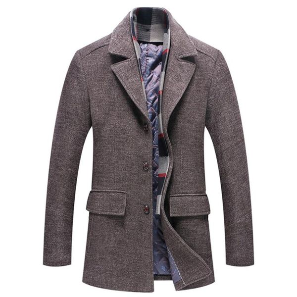 

winter men's thickened lapel scarf woolen coat jacket men's mid-length woolen coat, Black