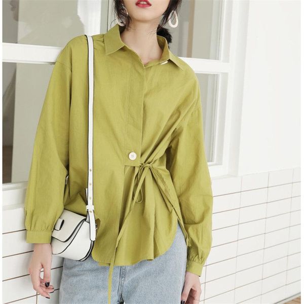 

новая сладкая узелок похудение моды для женщин вскользь офис дама корея осень полного sleeved сыпучего all-match большого размера рубашка, White