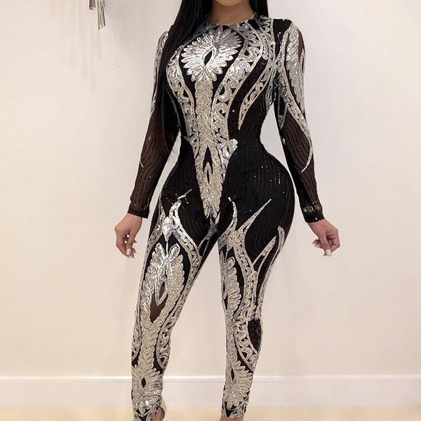 

see through hallow out sequins rompers womens jumpsuit elegant skinny party clubwear one piece overalls jumpsuits1, Black;white