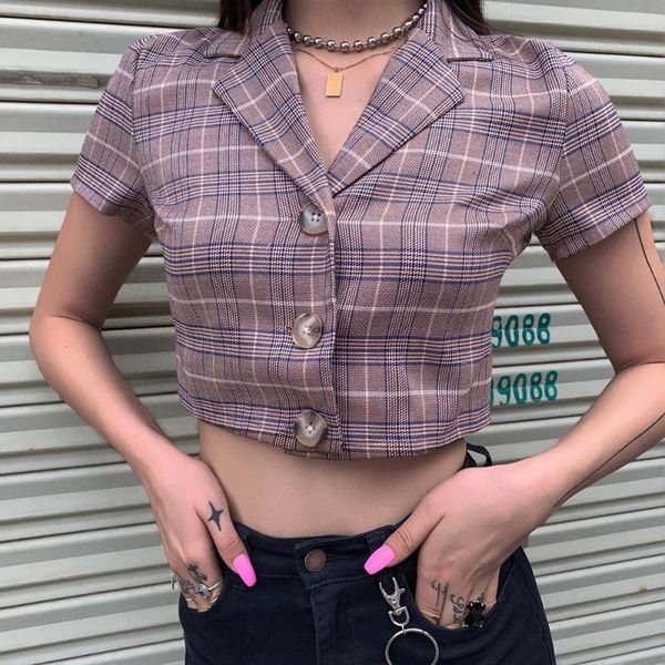

2020 women's new short sleeve plaid lapel open navel slim breasted t-shirt top, White