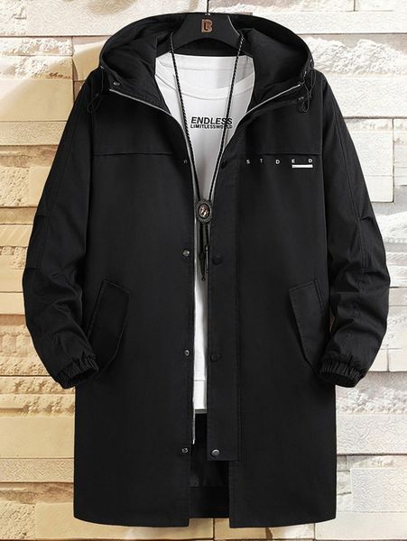 

men slogan & geo print drawstring hooded coat without tee n5ll#, Black;brown