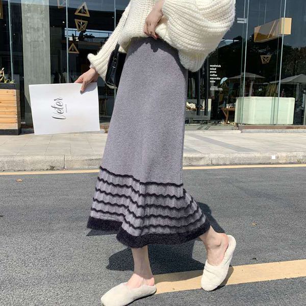 

new 2021 knitted or crocheted thick winter midi elastic skirt high for women to be y332 63jz i49w, Black