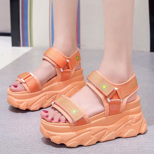 

orange hollow embroidery hook & loop platform sandals retro rome beach shoes designer light sewing mesh heightening shoes 8cm, Black