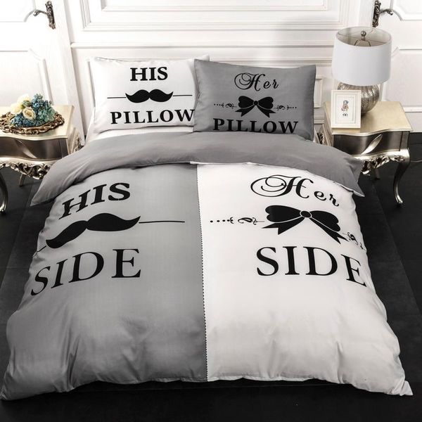 

duvet cover her side his side grey white bedding set single twin full  king size polyster bedlinen dropship1