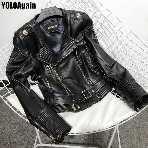 

yoloagain women genuine leather jacket ladies high street double zipper real leather jacket with belt 201030, Black