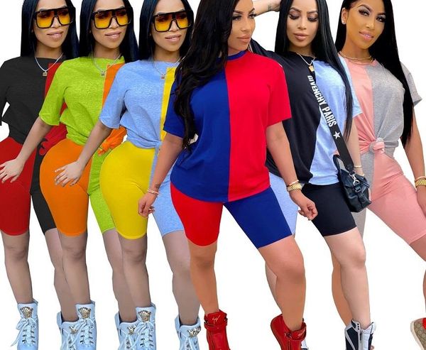 

women summer patchwork clothes 2 two piece tracksuits t-shirt biker shorts pants fashion outfits sets jogging sportswear plus size clothing, Gray